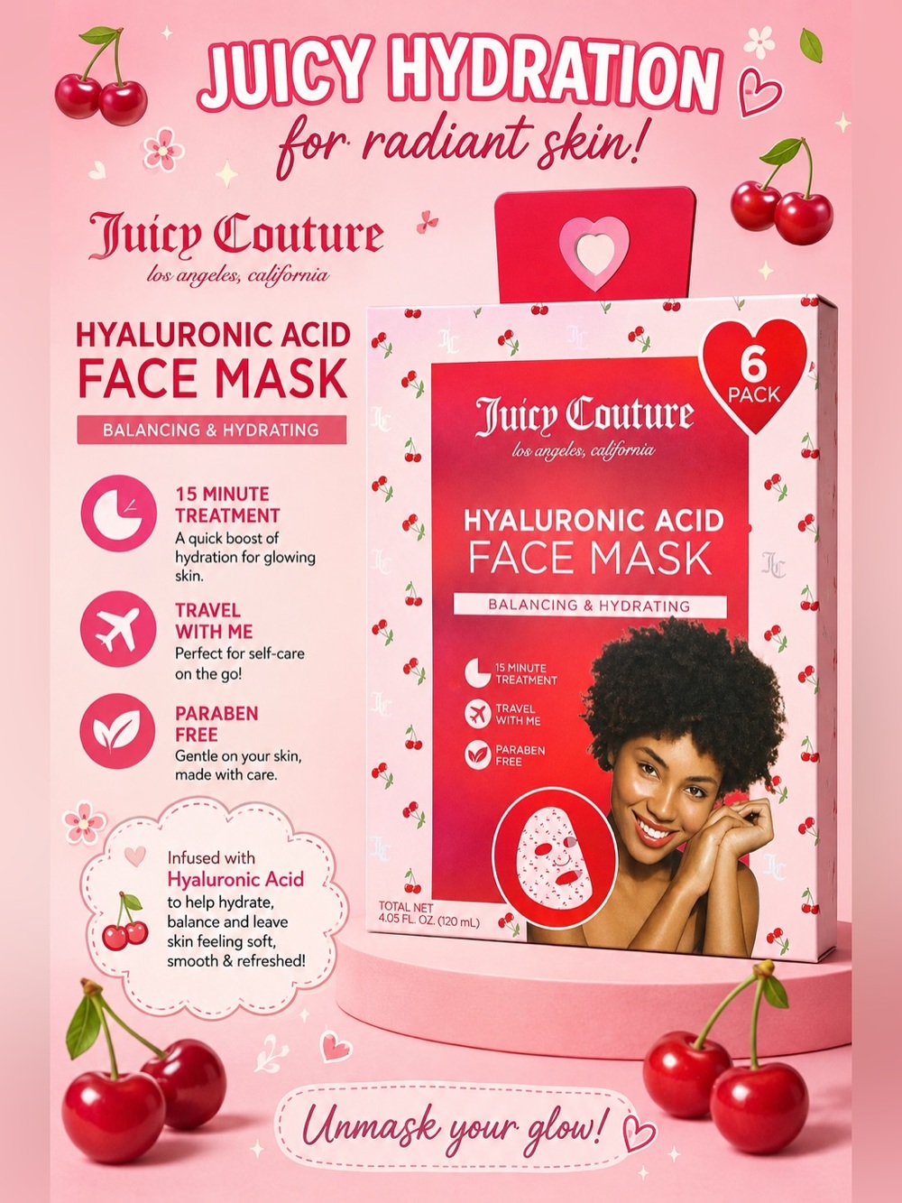 Juicy Couture Hyaluronic Acid Face Mask - Pink (6 Pack)